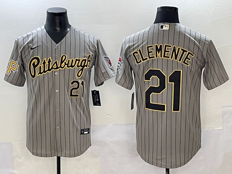 Men 2025 Pittsburgh Pirates #21 Clemente Grey Stripe Throwback Nike MLB Jersey style 2
